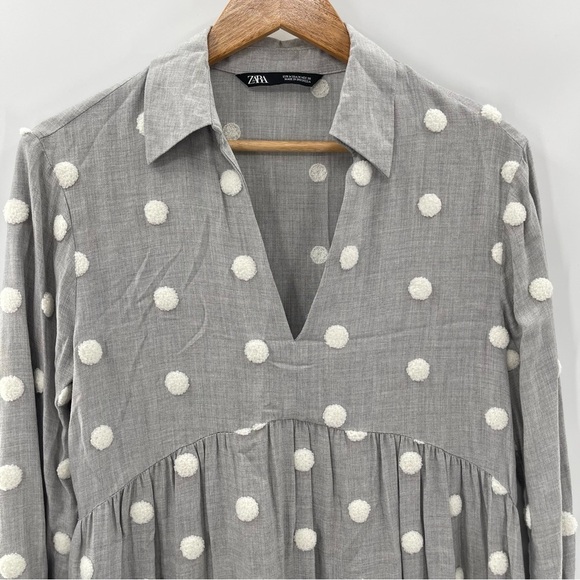 Zara Pom Polka Dot Babydoll Mini Contrast Dress Gray White Shirt Size Medium - Picture 3 of 15